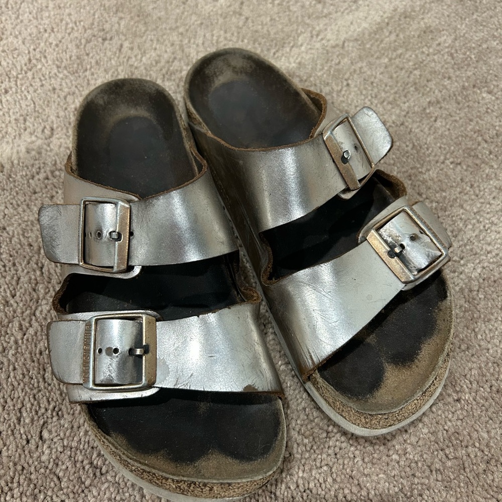 Birkenstock Metallic Silver Two-Strap Sandals